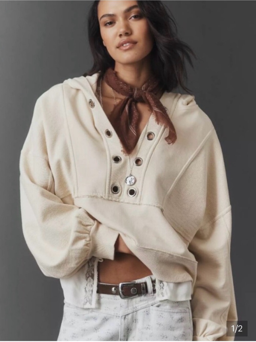 Anthropologie pilcro white grommet detail oversized sweatshirt womens L - Picture 3 of 10
